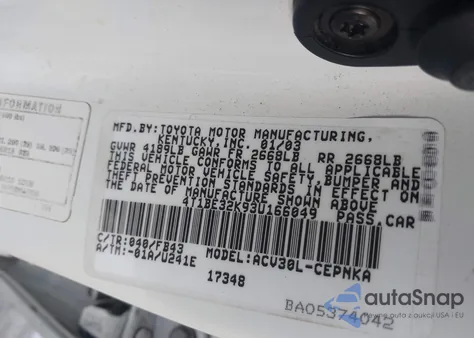 2003 Toyota Camry Le из США, поврежденный, VIN 4T1BE32K93U166049